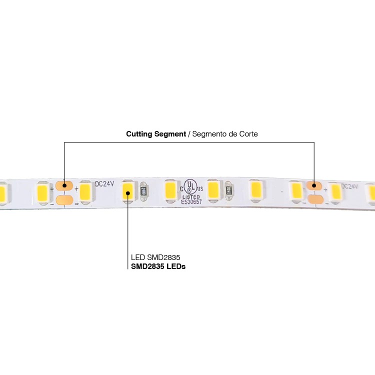 Tira LED SMD2835, 24V 12W/m Blanco cálido 3000ºK 1200 lm/m 120 LEDs/m, 5m