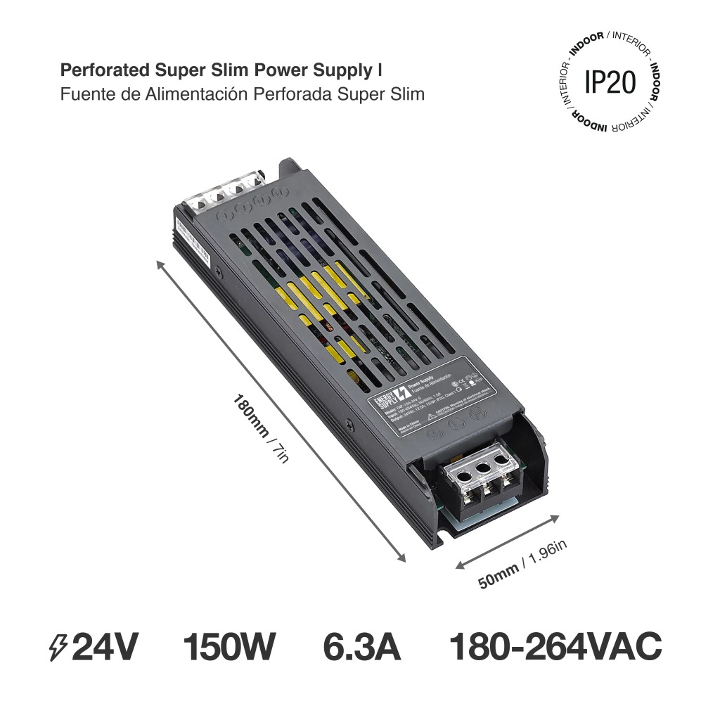 Fuente de alimentación perforada. SUPER Slim energy supply 150W-24v. 180-264vac. 150w. 6,3 amps. 24v