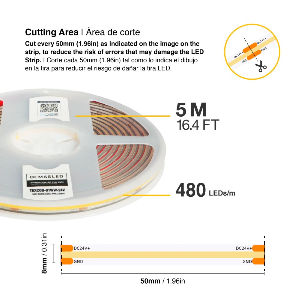 Tira LED COB 24V 11W/m Blanco Cálido 924lm/m 480 LEDs/m 8mm IP65, 5m