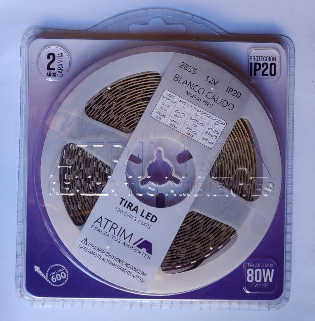 TIRA LED 12V 80W 600LED x 5m BLANCO CALIDO